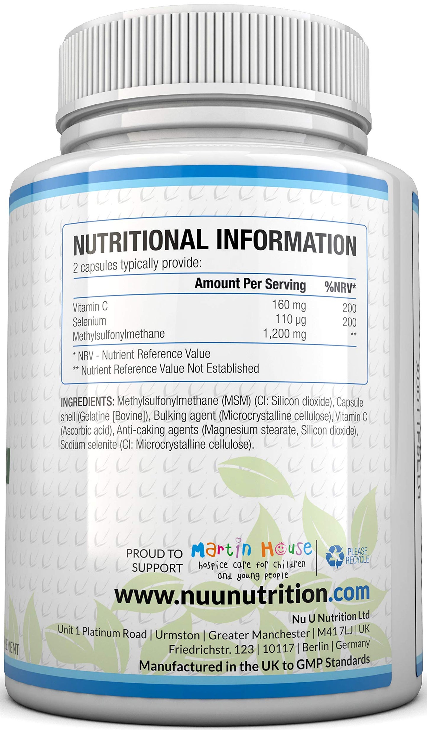 MSM 1200mg - 180 Capsules - 3 Month Supply - Methylsulfonylmethanethane with Added Vitamin C and Selenium - High Strength MSM