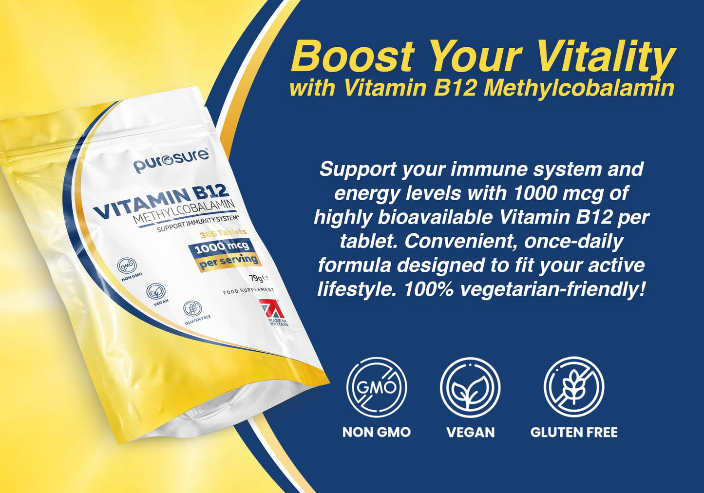 PuroSure Purosure Vitamin B12 1000µg | 365 High Strength Easy to Swallow Tablets | Methylcobalamin Vegetarian and Vegan Tablets | Tiredness and Fatigue Tablets | | Manufactured in The UK | (365 Tablets)