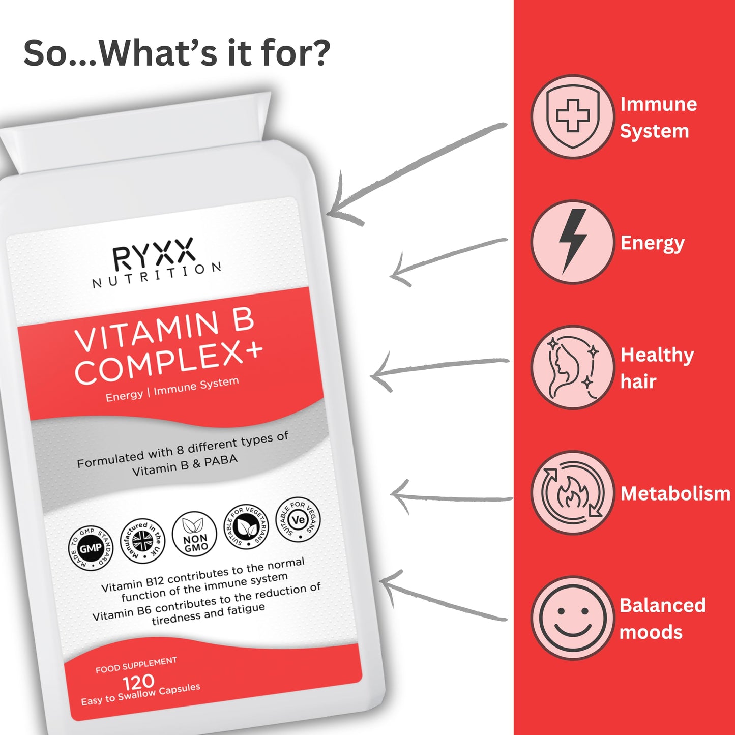 Ryxx Vitamin B Complex+ | High Strength & High Absorption B Vitamins | 120 Vegan Capsules | with B6, B12 & Folate for Energy & Tiredness Reduction | Made in the UK by RYXX