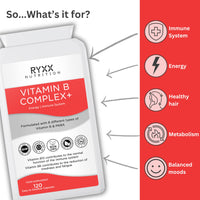 Ryxx Vitamin B Complex+ | High Strength & High Absorption B Vitamins | 120 Vegan Capsules | with B6, B12 & Folate for Energy & Tiredness Reduction | Made in the UK by RYXX