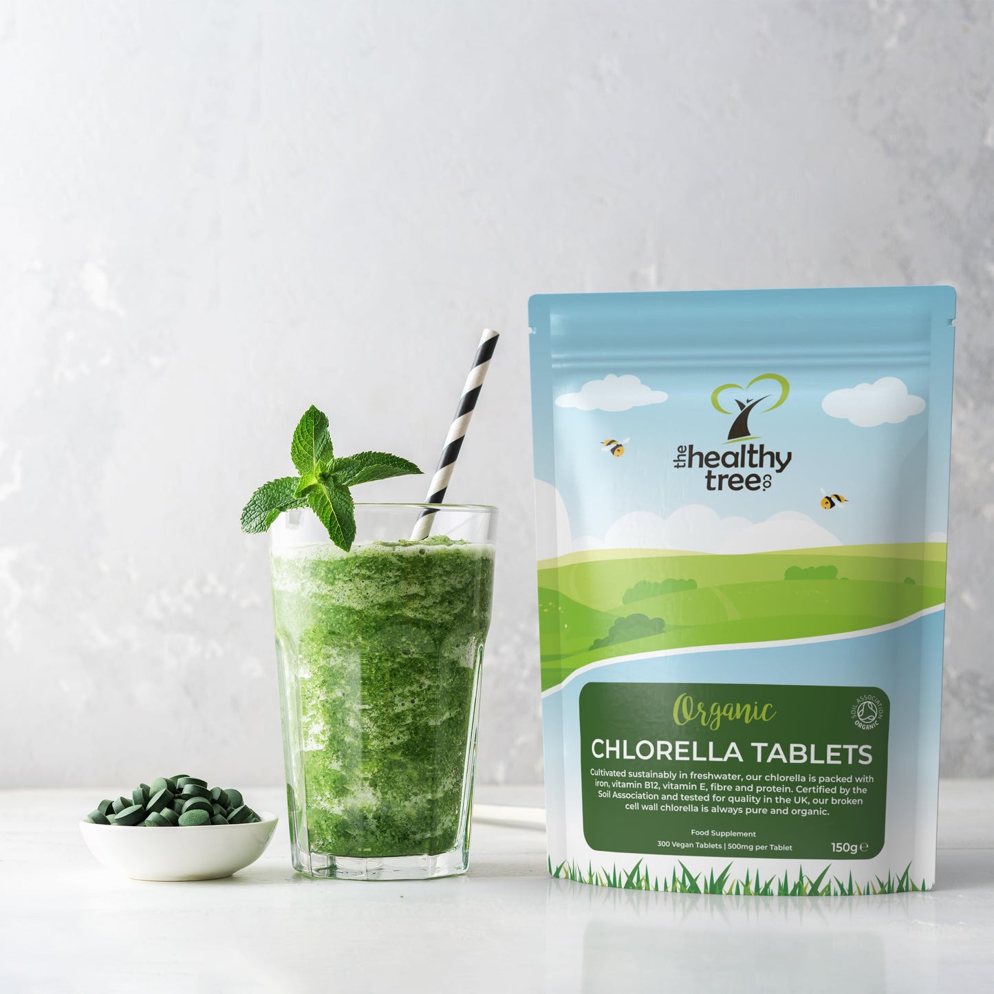 Organic Chlorella Tablets by TheHealthyTree Company - High in Vitamin B12 and E, Iron, Protein and Amino Acids - UK Certified Cracked Cell Wall Vegan Chlorella, 300 x 500mg (150g)