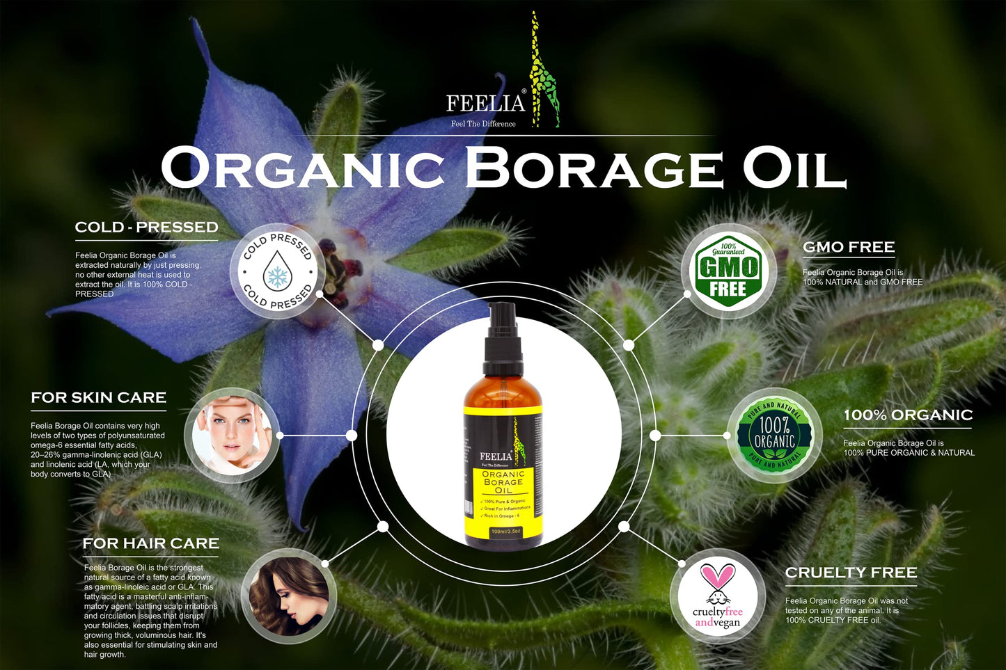 Feelia - Organic Borage Oil - Cold Pressed, Rich in Omega 6, Great for Inflammations, 100% Pure & Organic - 100ml