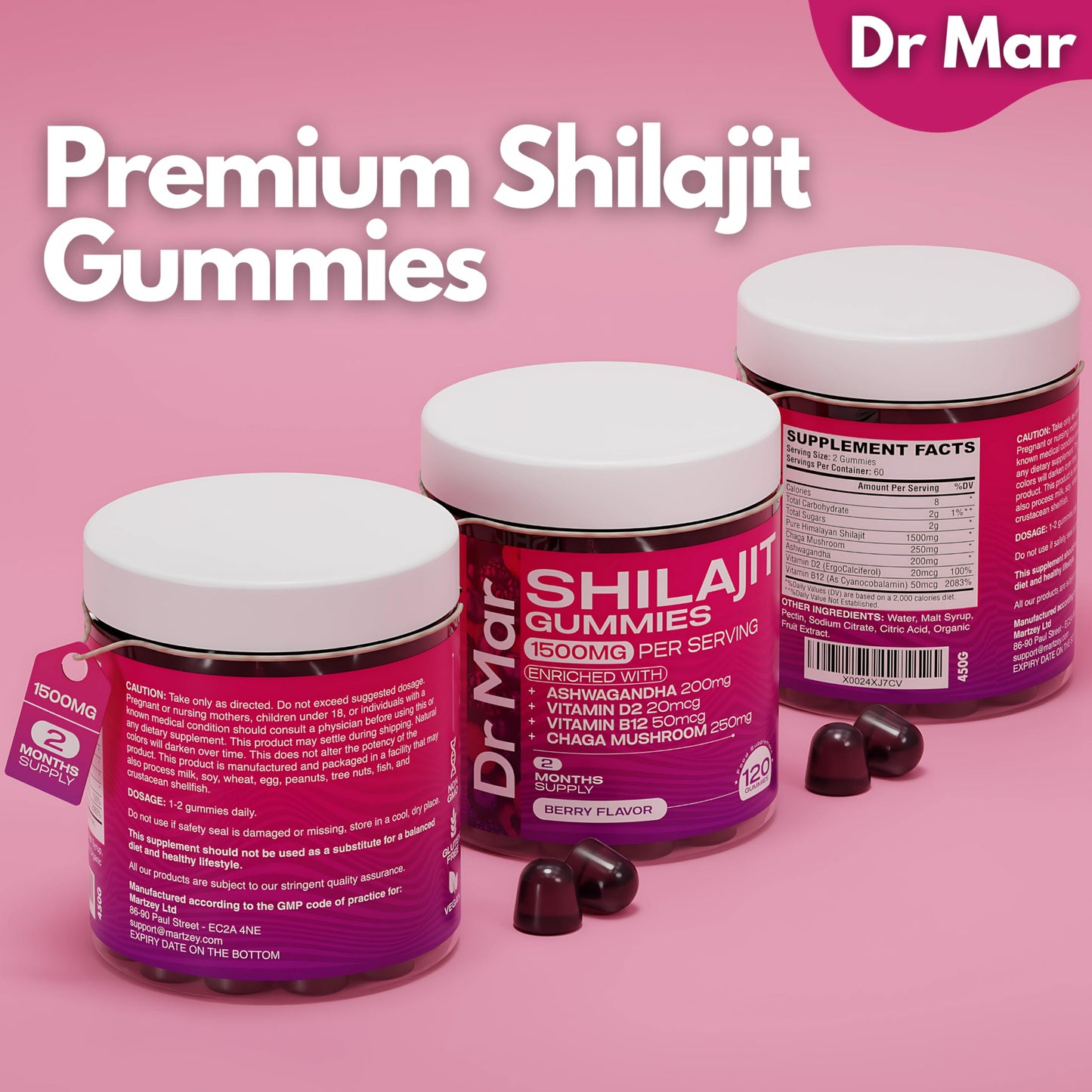 Dr Mar Premium Shilajit Gummies MAX 1500mg - 120 Gummies - 200mg Ashwagandha + 250mg Chaga Mushroom + 20mcg D2 + 50mcg B12 (2 Months Supply)