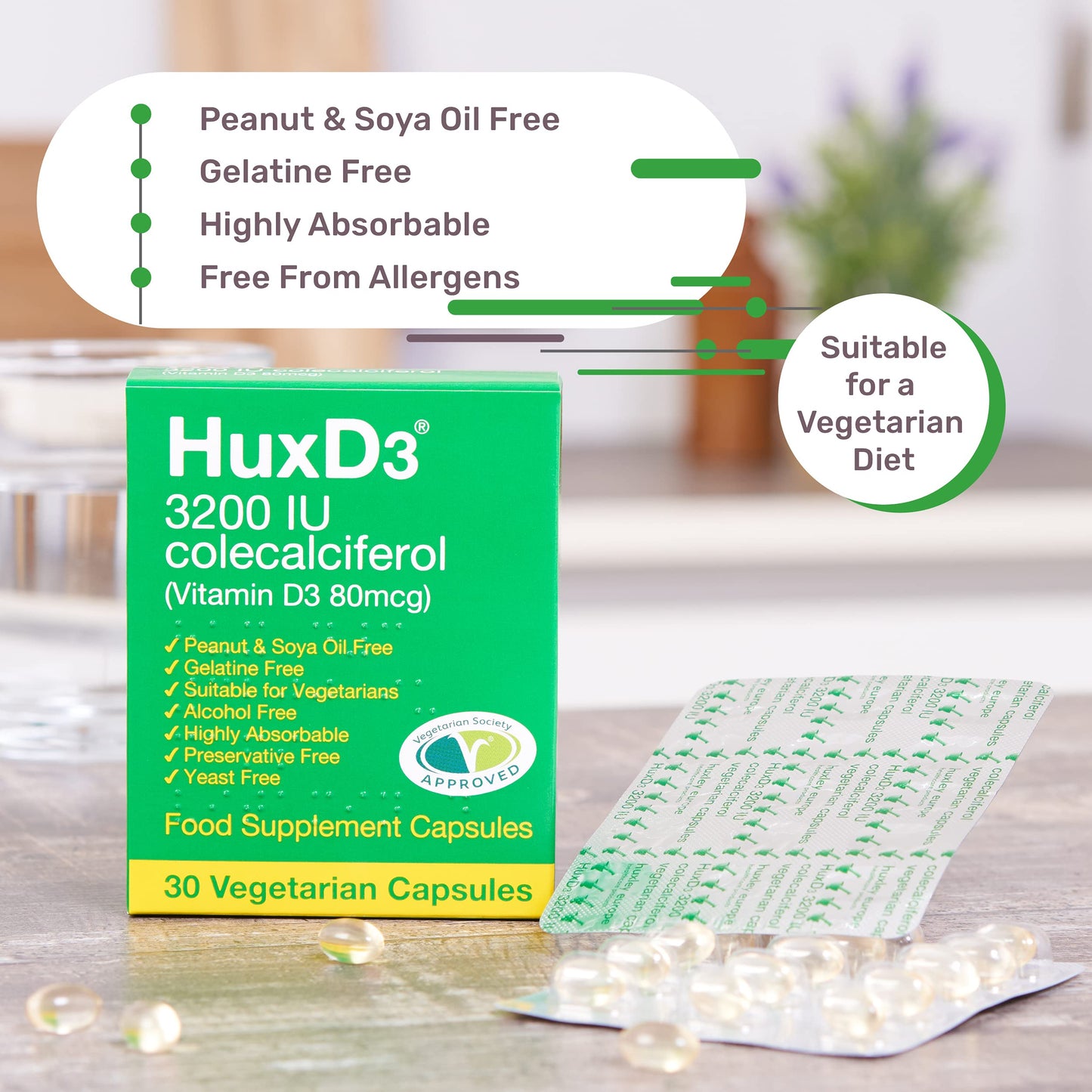 Hux D3 Vitamin 3200iu, Huxley Europe, Vegetarian Capsules, Suitable for Kosher and Halal Diets 30 Count (Pack of 1)