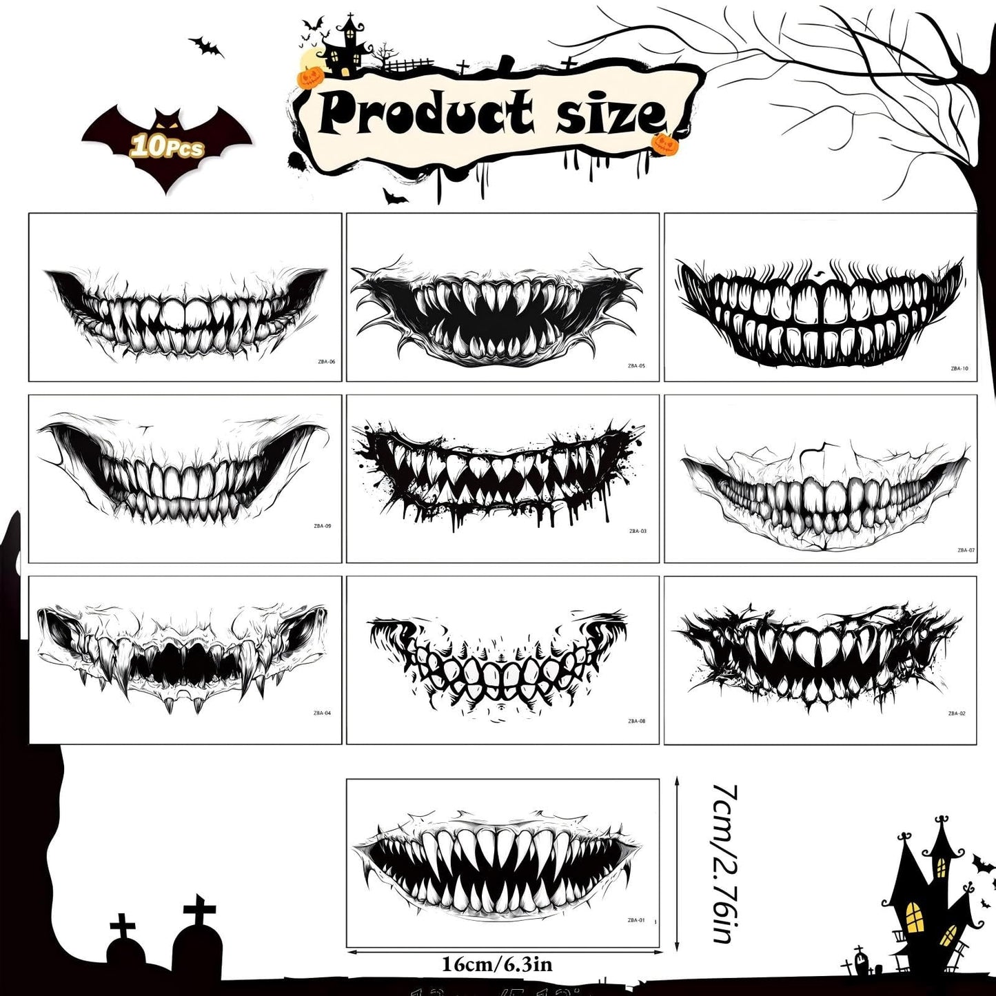 HUSHRICH 10Sheets Halloween Scary Face Temporary Tattoos, Realistic Horror Clown Makeup Face Mouth Fake Tattoos Stickers for Women Men, Clown Prank Mouth Face Tattoo Sticker for Cosplay Costume Party