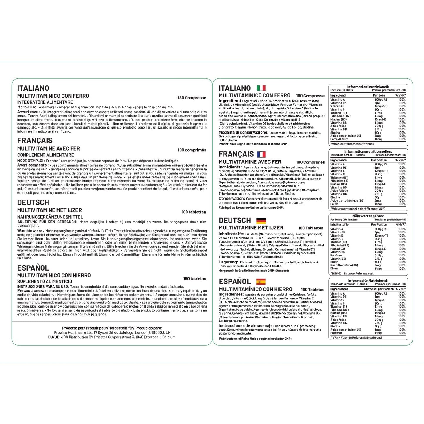 Multivitamin with Iron 180 Tablets (6 Months Dose) | Immune Support | One A Day Multivitamins for Men & Women | UK Manufactured to GMP Guaranteed Quality | Multivitamin Vegetarian by Prowise