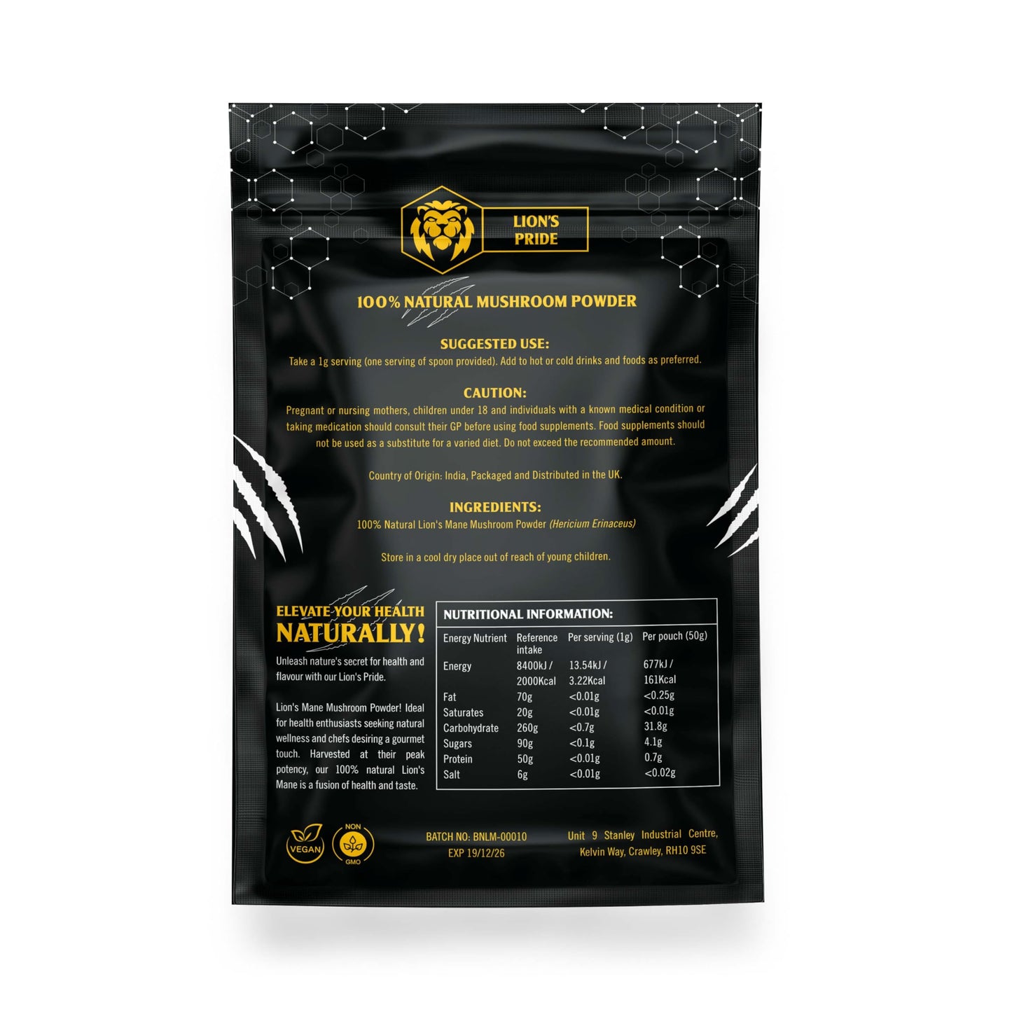 Lions Mane Supplement Powder - Lions Pride Lions Mane Supplement High Strength - 100% Pure Lion's Mane Supplement with 50% Polysaccharides / 30% Beta Glucan - UK Lion's Mane Mushroom (50, Grams)