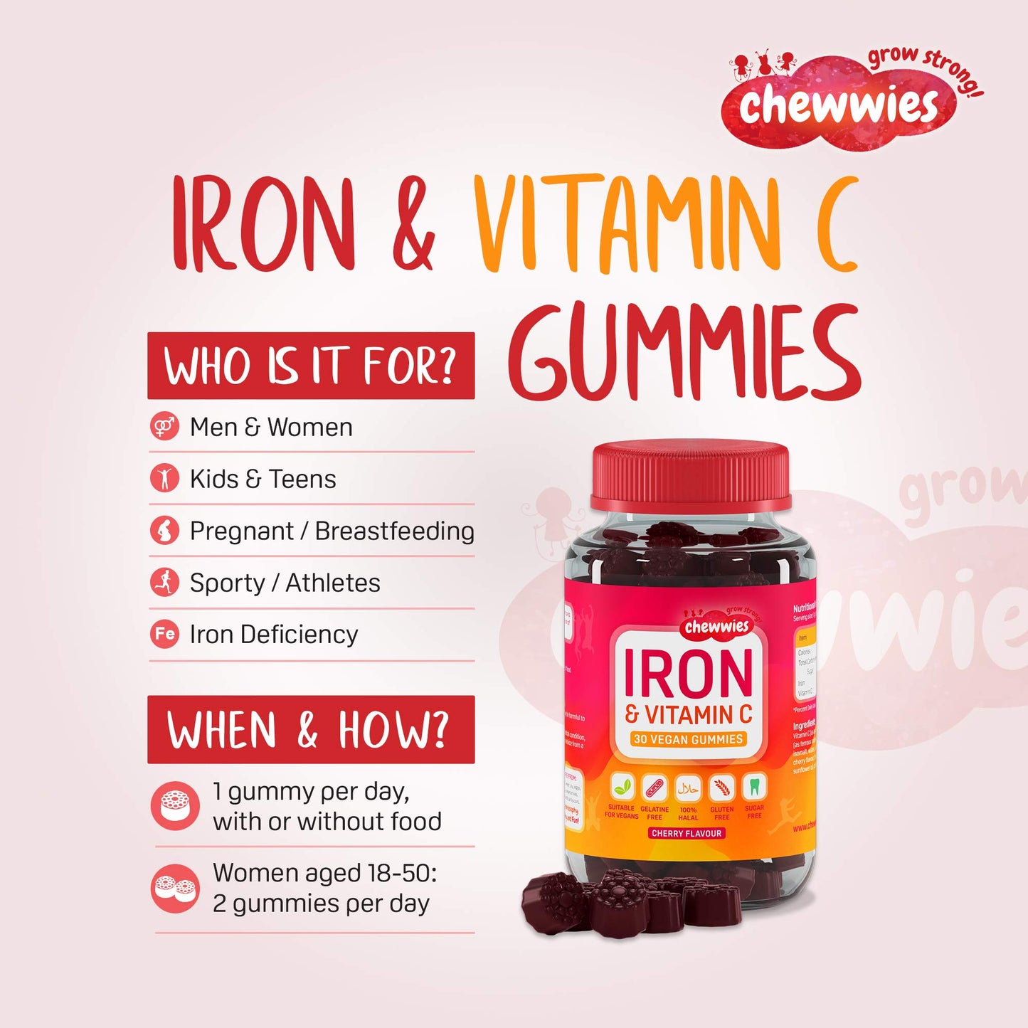 Iron & Vitamin C - Vegan Chewable Gummies - Sugar Free Ferrous Sulfate Iron | Helps Strengthen Your Immune System | 1-Month Supply by Chewwies Vitamins