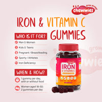 Iron & Vitamin C - Vegan Chewable Gummies - Sugar Free Ferrous Sulfate Iron | Helps Strengthen Your Immune System | 1-Month Supply by Chewwies Vitamins