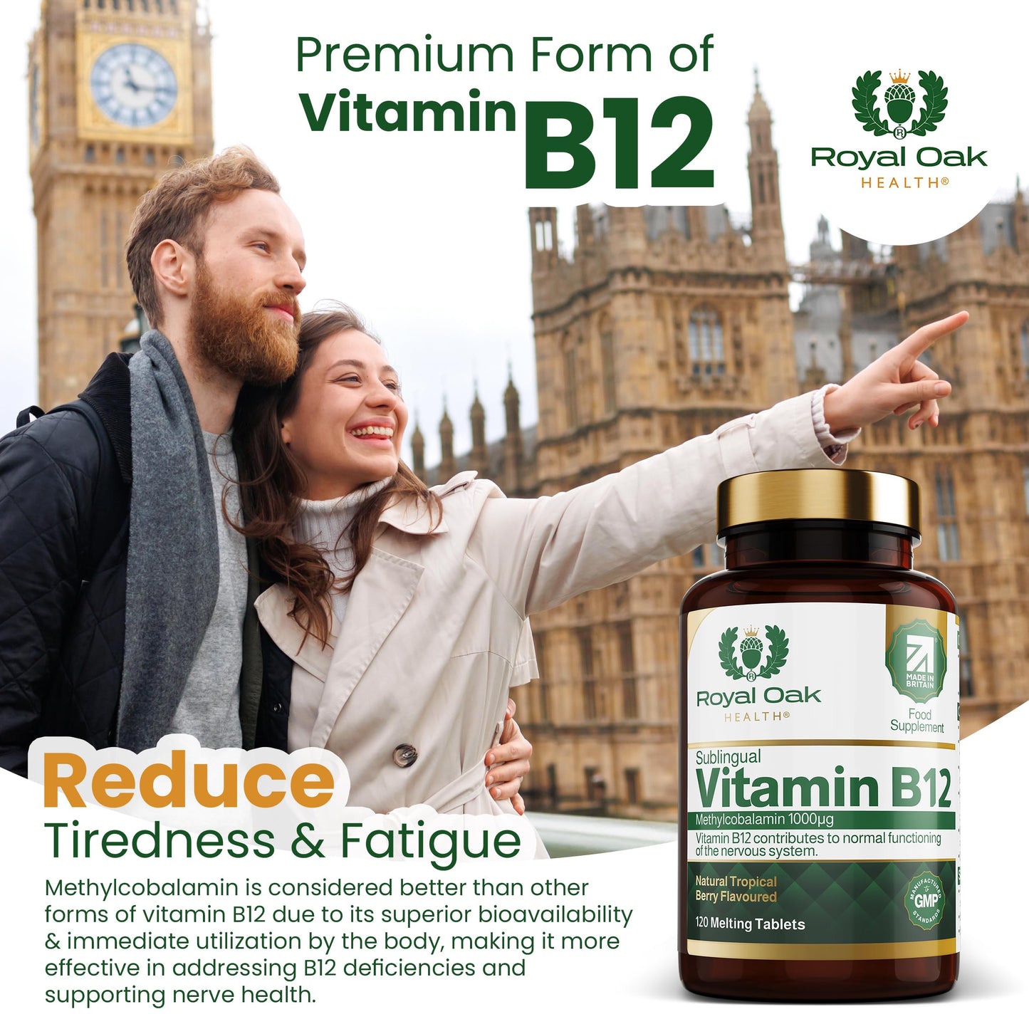 Vitamin B12 Tablets High Strength 1000mcg Sublingual Methylcobalamin, x120 Tablets (Tropical Berry Flavour) Active fast dissolving Vit B12 (4 Month Supply) Vegan Friendly Supplement - Royal Oak Health