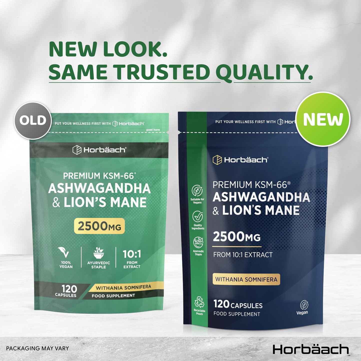 Horbäach Ashwagandha KSM-66 and Lion's Mane 2500mg Capsules | KSM-66 Ashwagandha Root Extract & Lion's Mane Mushroom Extract, Enhanced with Black Pepper | 120 Vegan Capsules | by Horbaach