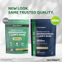 Horbäach Ashwagandha KSM-66 and Lion's Mane 2500mg Capsules | KSM-66 Ashwagandha Root Extract & Lion's Mane Mushroom Extract, Enhanced with Black Pepper | 120 Vegan Capsules | by Horbaach