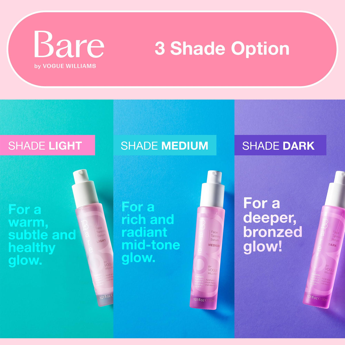 Bare by Vogue Light Face Tanning Serum - Natural Sun-Kissed Glow, Streak-Free Facial Self Tanner for Sensitive Skin - Non-Comedogenic, No Fake Tan Smell & Hydrating