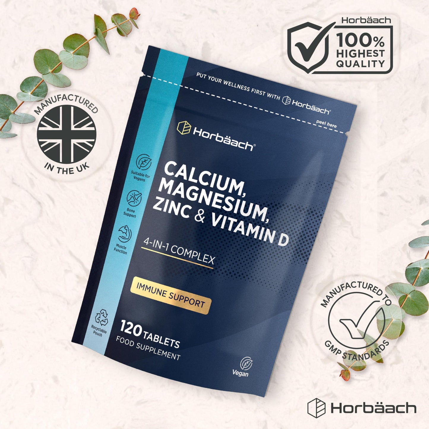 Horbäach Calcium Tablets with Magnesium Zinc and Vitamin D | 100% Vegan | High Strength Complex | 120 Count | Supplement for Women & Men | by Horbaach