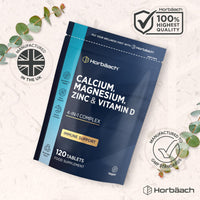 Horbäach Calcium Tablets with Magnesium Zinc and Vitamin D | 100% Vegan | High Strength Complex | 120 Count | Supplement for Women & Men | by Horbaach
