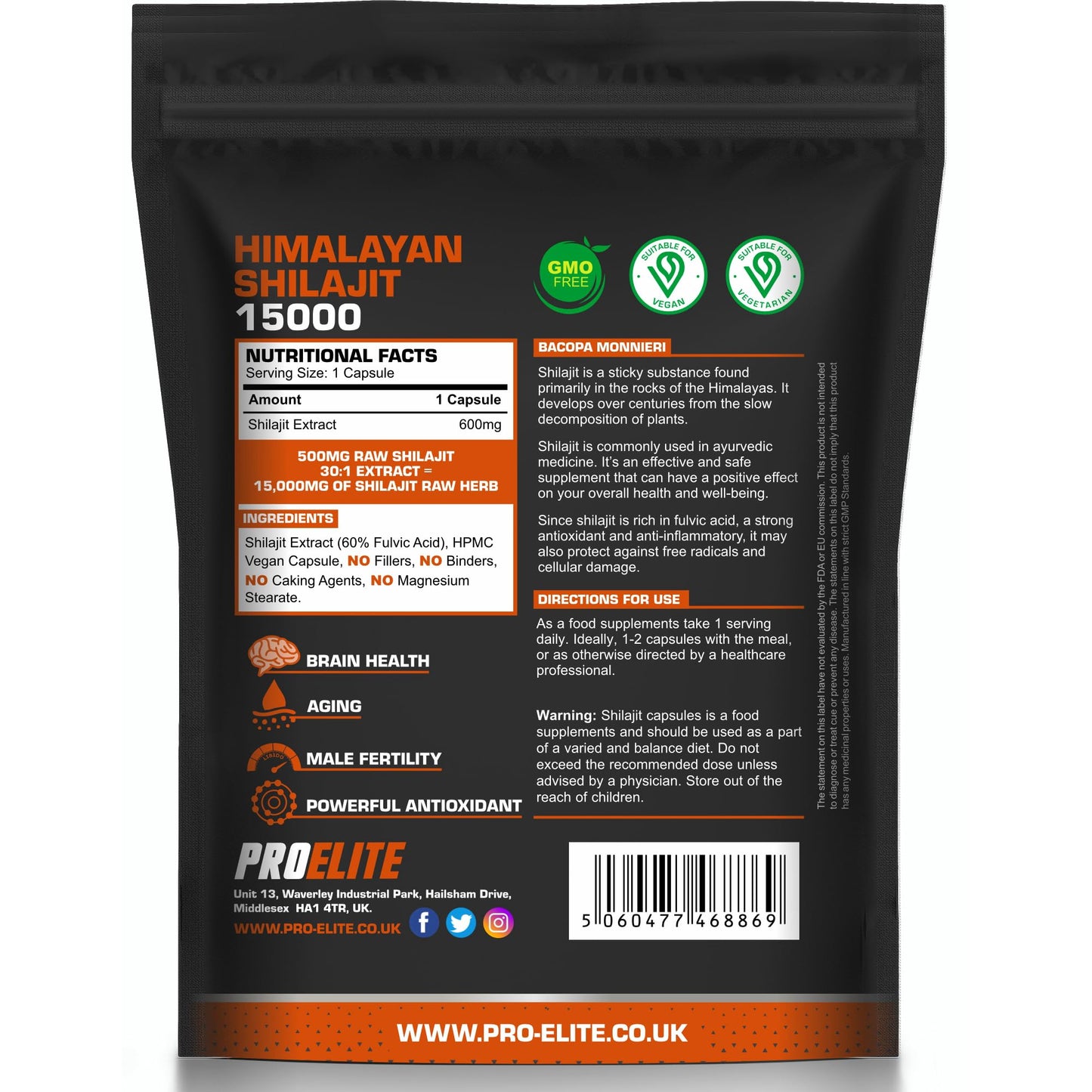 Shilajit 500mg Vegan Capsules -1500mg 30:1 Extract | 60% Fulvic Acid | High Strength Shilajit for Men & Women| Rich in Trace Minerals | No Additives & Fillers by PROELITE (90 Capsules)