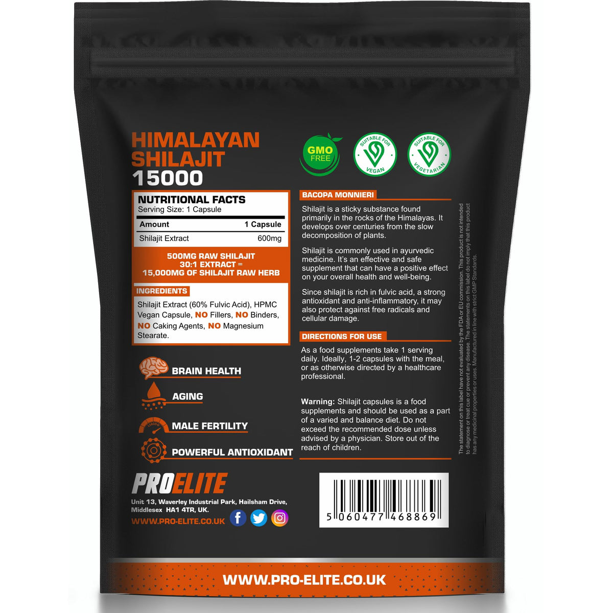 Shilajit 500mg Vegan Capsules -1500mg 30:1 Extract | 60% Fulvic Acid | High Strength Shilajit for Men & Women| Rich in Trace Minerals | No Additives & Fillers by PROELITE (90 Capsules)