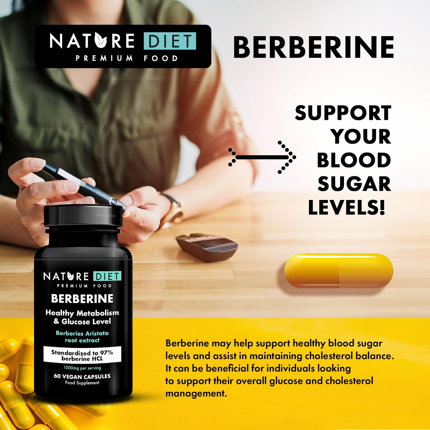 Nature Diet Berberine - 1000mg Berberine HCL per Serving - 60 Vegan Capsules - Supports Metabolism & Glucose Levels