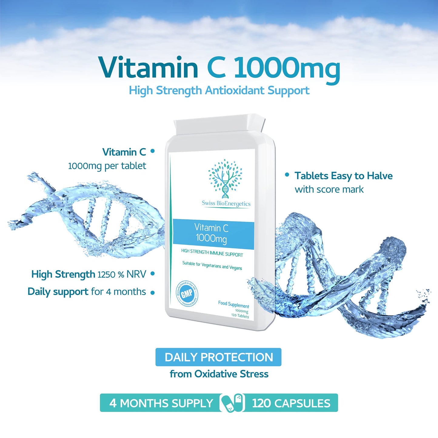 swiss bioenergetics Vitamin C 1000mg 120 Tablets – High Strength Immune Support contributes to The Reduction of Tiredness and Fatigue and to Normal Energy yielding Metabolism. – Exclusively Manufactured in The UK