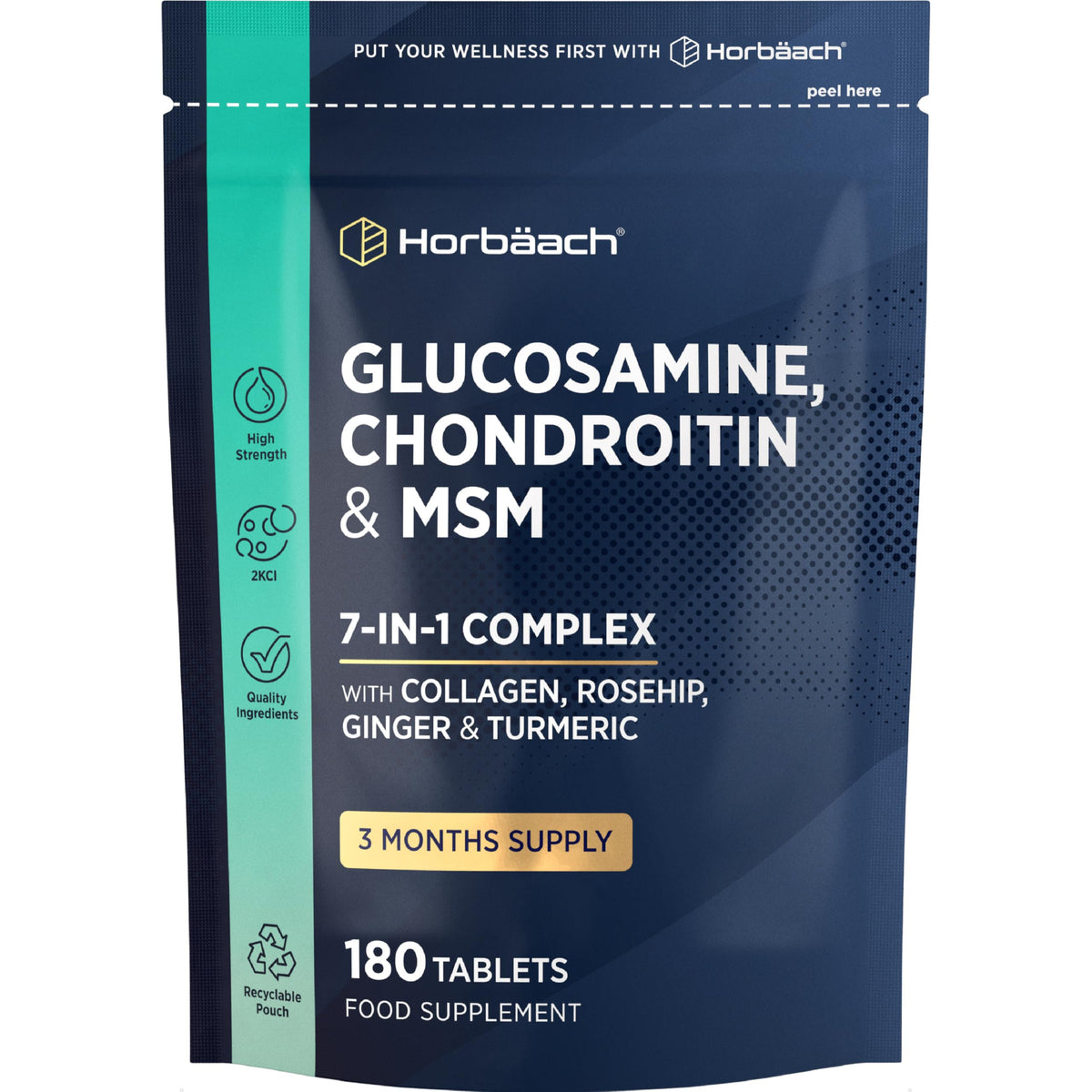 Horbäach Glucosamine and Chondroitin High Strength 7-in-1 | 180 Tablets | 1200mg Complex with Glucosamine Sulphate 2KCl, MSM, Collagen and Ginger Root | Supplement for Men and Women | By Horbaach
