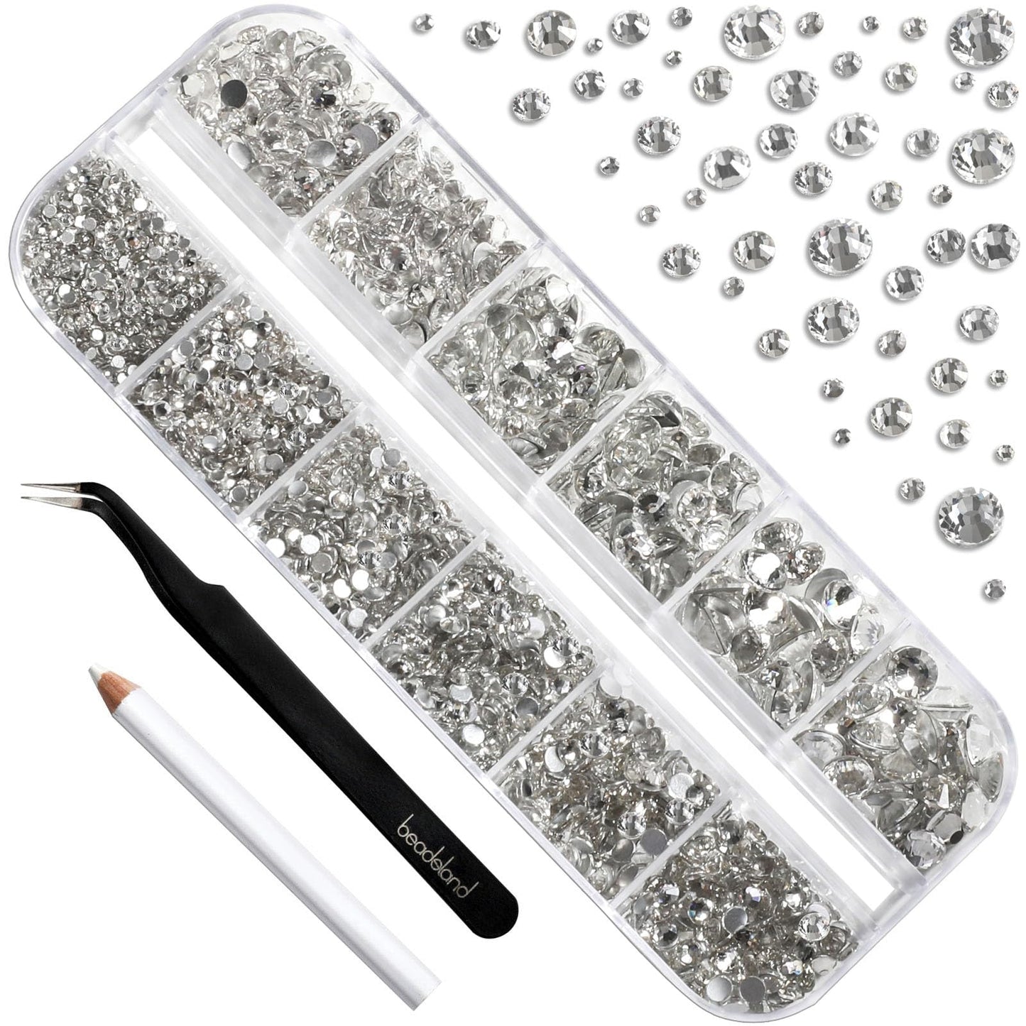 BEADSLAND Beadsland 2500pcs Clear Rhinestones,Flatback Gems Round Crystal Rhinestones for Nail Crafts Mixed 8 Sizes SS4~SS30 with Picking Tweezer and Pen (Clear)