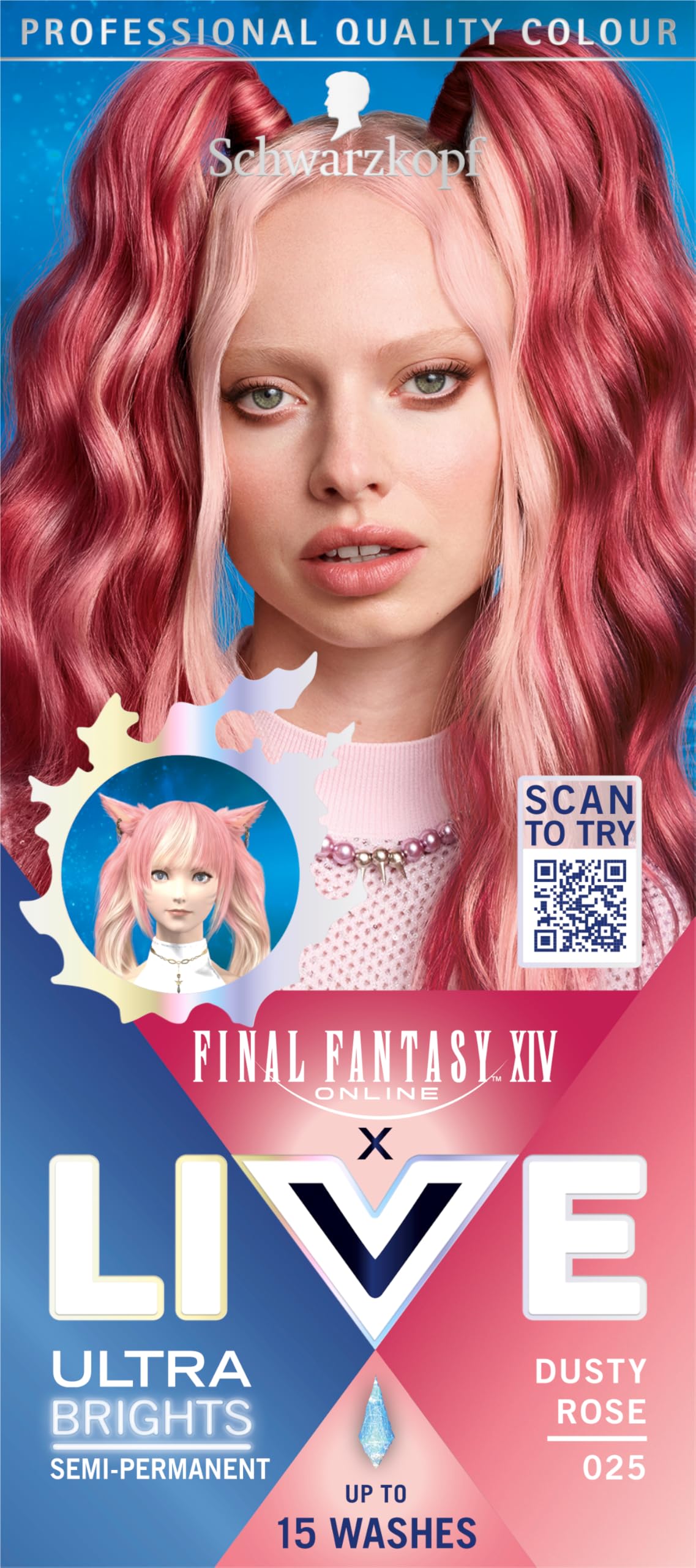 Schwarzkopf LIVE Ultra Brights or Pastels Dusty Rose 025 Shade, Semi-Permanent Rose Hair Dye, FINAL FANTASY™ XIV Online x Live, Vibrant Hair Dye Kit Lasts Up to 15 Washes