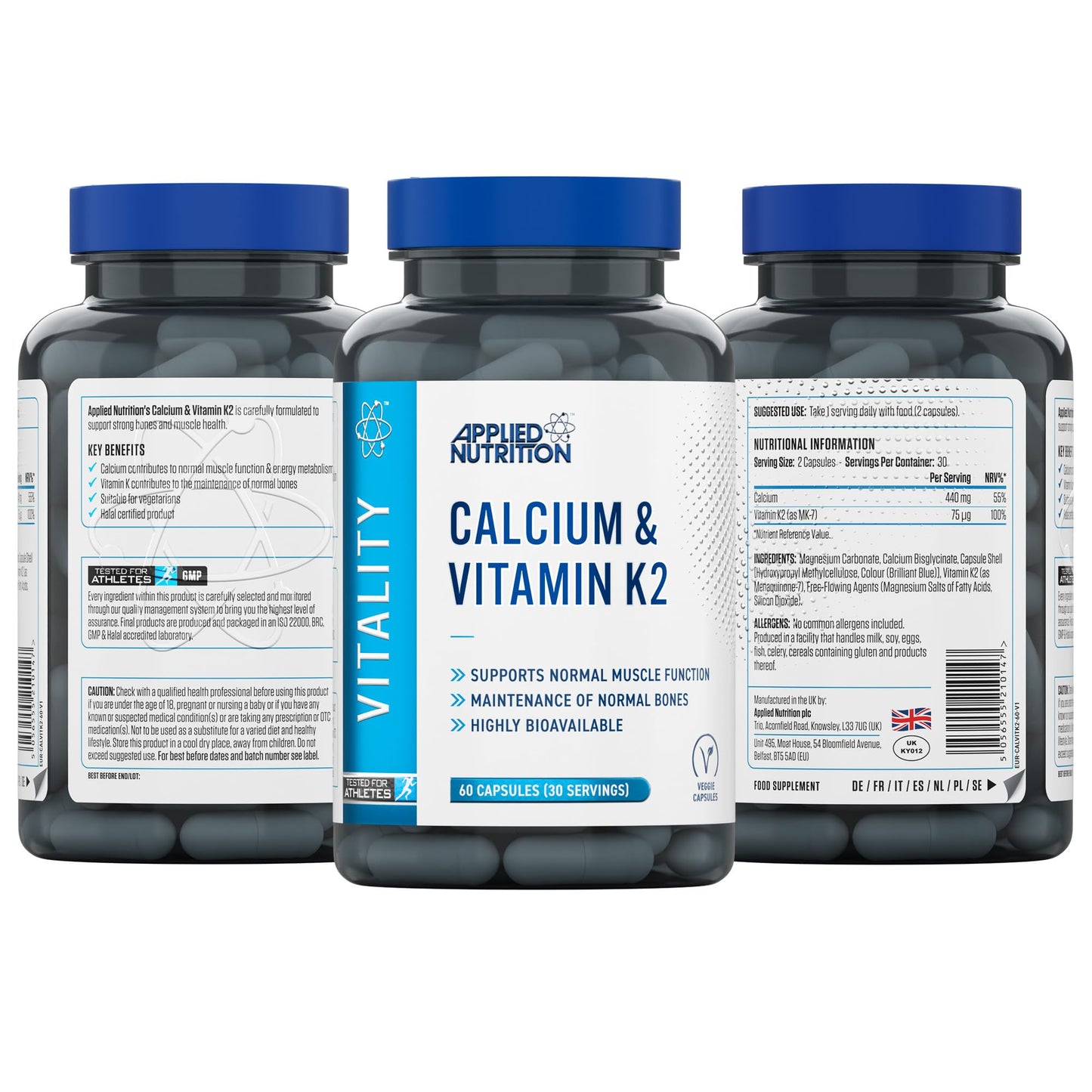 Applied Nutrition – Calcium & Vitamin K2 – Dual Action Formula – Best Bone Support – Best Muscle Function – High Absorption & Bioavailability – (60 Capsules – 30 Servings)
