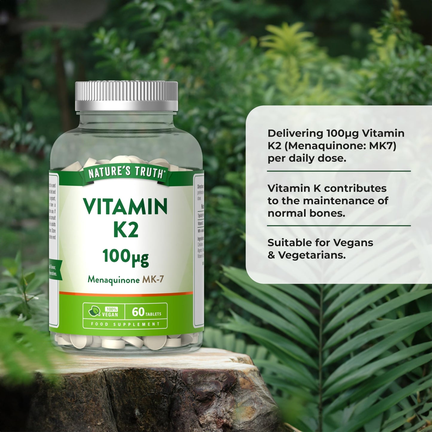 Nature's Truth Vitamin K2 MK-7 100ug | 60 Vegan Tablets | Menaquinone MK-7