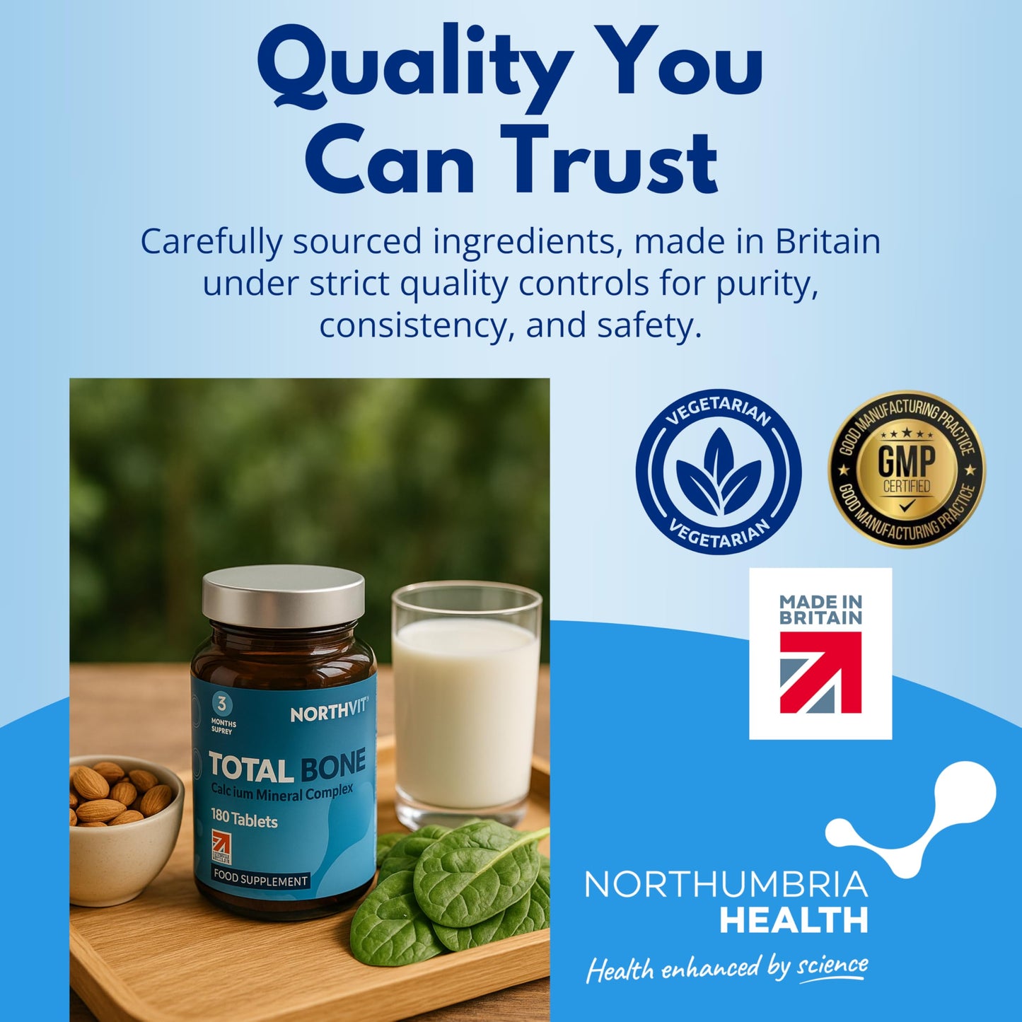 Northumbria Health Total Bone® Calcium Magnesium Zinc & Vitamin D3 Tablets – High Strength Bone Support Supplement – Supports Strong Bones & Teeth – 180 Vegetarian Tablets (3 Month Supply)
