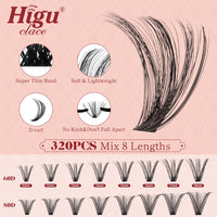 Higu clace Higu Clace Wispy Cluster Lashes Mixed 10-18mm,320PCS Individual Eyelashes, Natural Lash Clusters Cluster Lashes, Eyelash Extensions Easy to Use at Home Eyelashes Clusters (60D+80D V03)