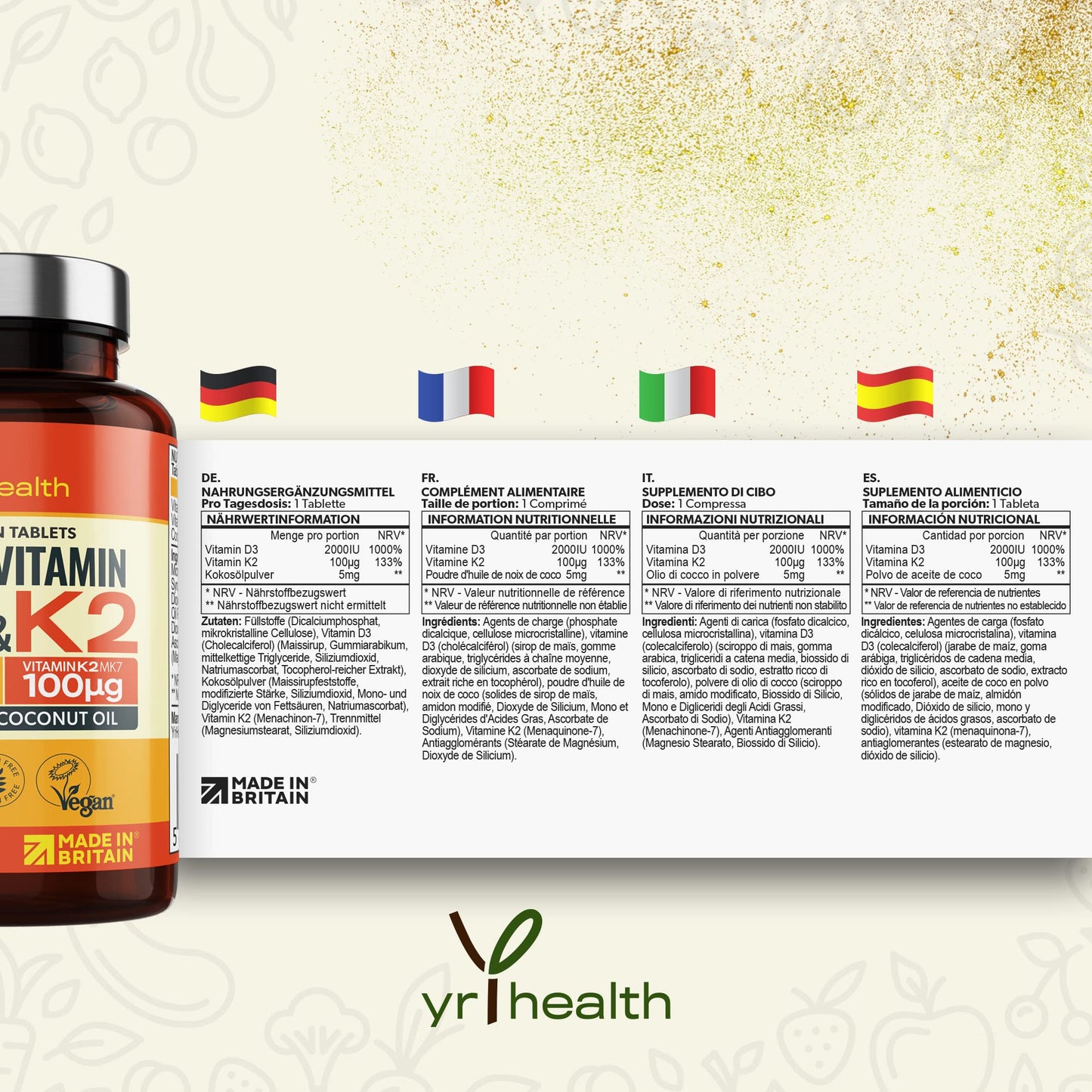yrhealth Vegan Vitamin D3 K2 Tablets High Strength & Coconut Oil for Absorbtion - Vitamin D 2000iu & Vitamin K2 Mk7 100mcg Plant Based Supplement for Immune System, Bones, Blood Calcium Levels, Made in The UK