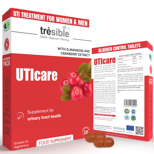 Tresible Trèsible Uticare D-Mannose & Cranberry Tablets for Urinary Infections (4-Week Supply) - Natural Daily Supplement for Bladder Strength & UTI Treatment for Women & Men, Vegetarian, Gluten-Free, & Halal