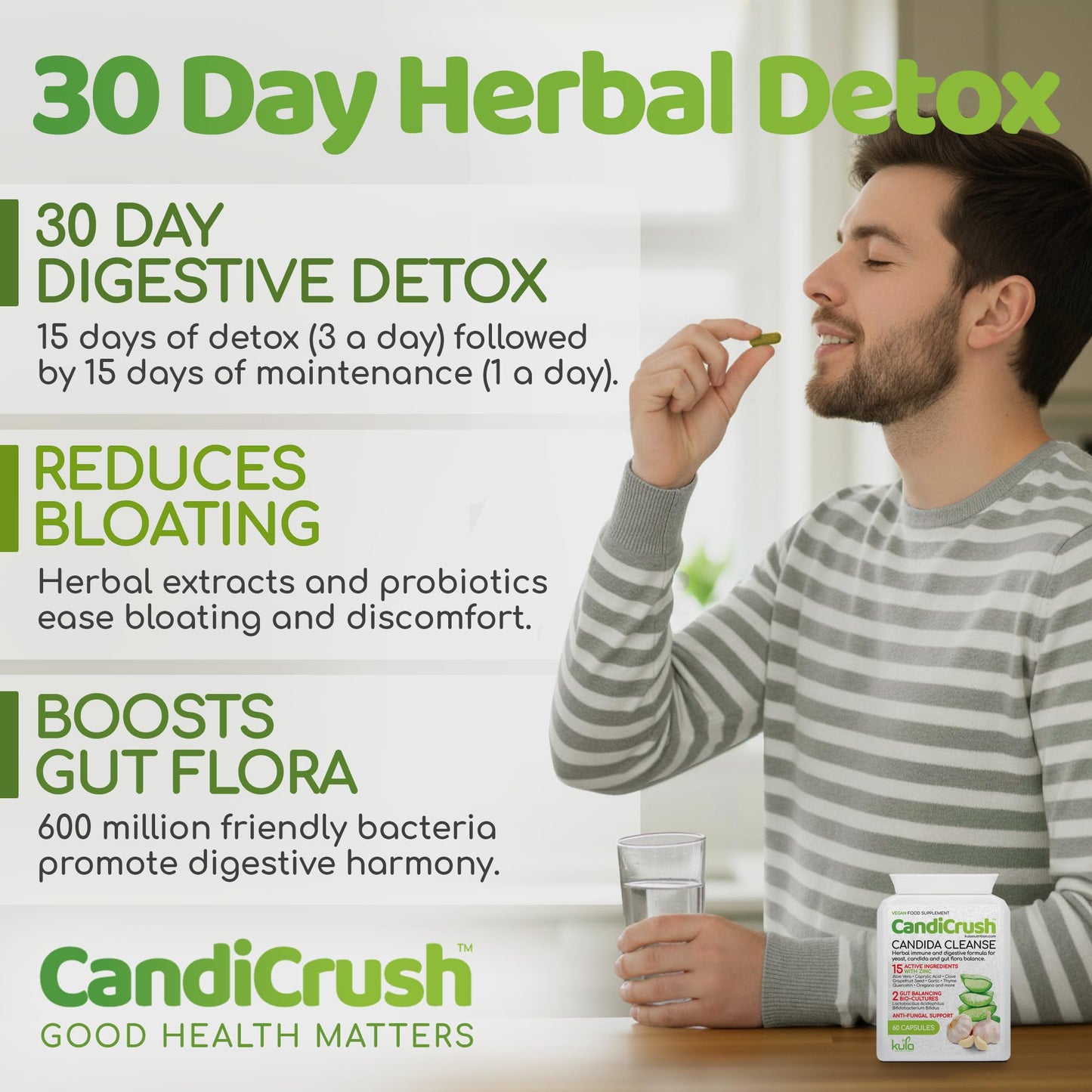Kula Nutrition CandiCrush - Candida Cleanse Complex - Herbal Thrush Tablets - Natural Candida Treatment for Women and Men with Probiotic Live Friendly Bacteria for Yeast Infection - 60 Vegan Capsules