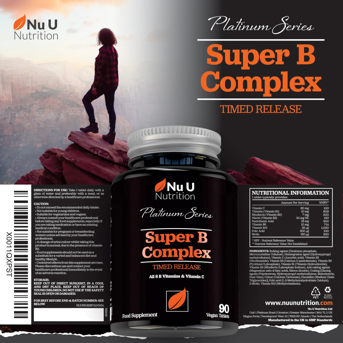 Super Vitamin B Complex - High Absorption Methylated B Vitamins with VIT C - 90 Timed Release Vegan Tablets - 3 Month Supply - B1, B2, B3, B5, B6, B8, B9 & B12 - Made in The UK - Nu U Nutrition