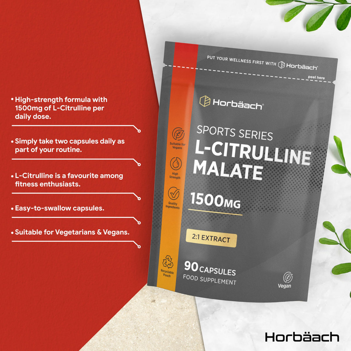 Horbäach L Citrulline Malate Capsules | High Strength 1500mg Supplement for Men and Women | 2:1 Extract | 90 Count | Suitable for Vegans & Vegetarians | by Horbaach
