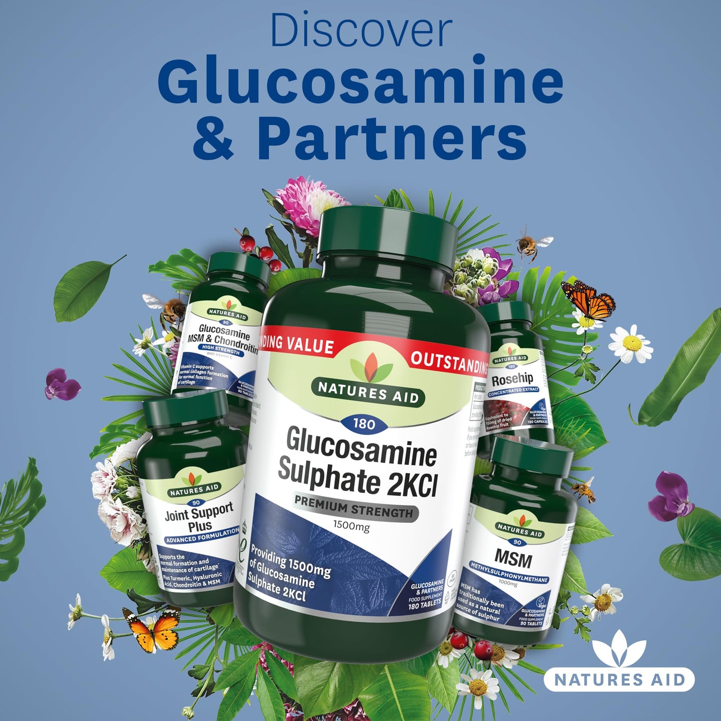 Natures Aid Glucosamine Sulphate 2KCl 1500mg – High Strength Joint Support – Helps Mobility & Flexibility – Non-GMO, Gluten-Free – Natural Supplement – 180 Tablets
