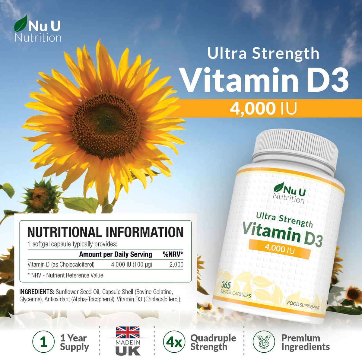 Nu U Nutrition - Vitamin D 4000IU - 365 Softgel Capsules not Tablets - 1 Year Supply - Quadruple Strength - Easy to Swallow - Cholecalciferol Form Vitamin D3 Supplement - Made in the UK