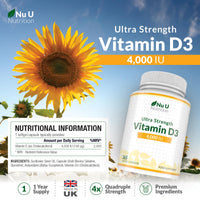Nu U Nutrition - Vitamin D 4000IU - 365 Softgel Capsules not Tablets - 1 Year Supply - Quadruple Strength - Easy to Swallow - Cholecalciferol Form Vitamin D3 Supplement - Made in the UK