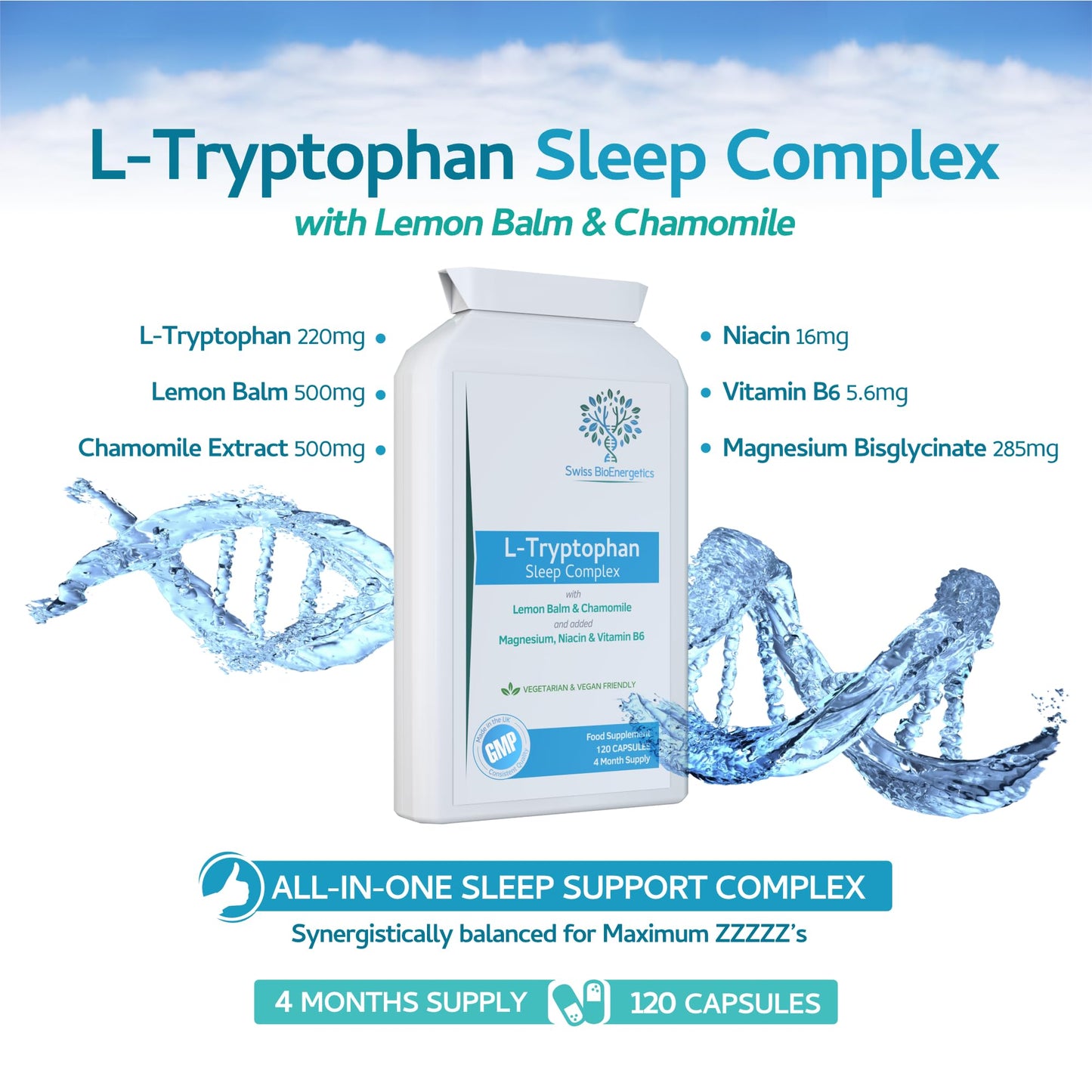 swiss bioenergetics L-Tryptophan 220mg - 120 Capsules/Sleep Complex with Added Lemon Balm, Chamomile, Magnesium, Niacin & Vitamin B6 - Natural Alternative to Melatonin / 4 Month Supply – Made in The UK