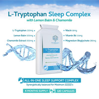 swiss bioenergetics L-Tryptophan 220mg - 120 Capsules/Sleep Complex with Added Lemon Balm, Chamomile, Magnesium, Niacin & Vitamin B6 - Natural Alternative to Melatonin / 4 Month Supply – Made in The UK