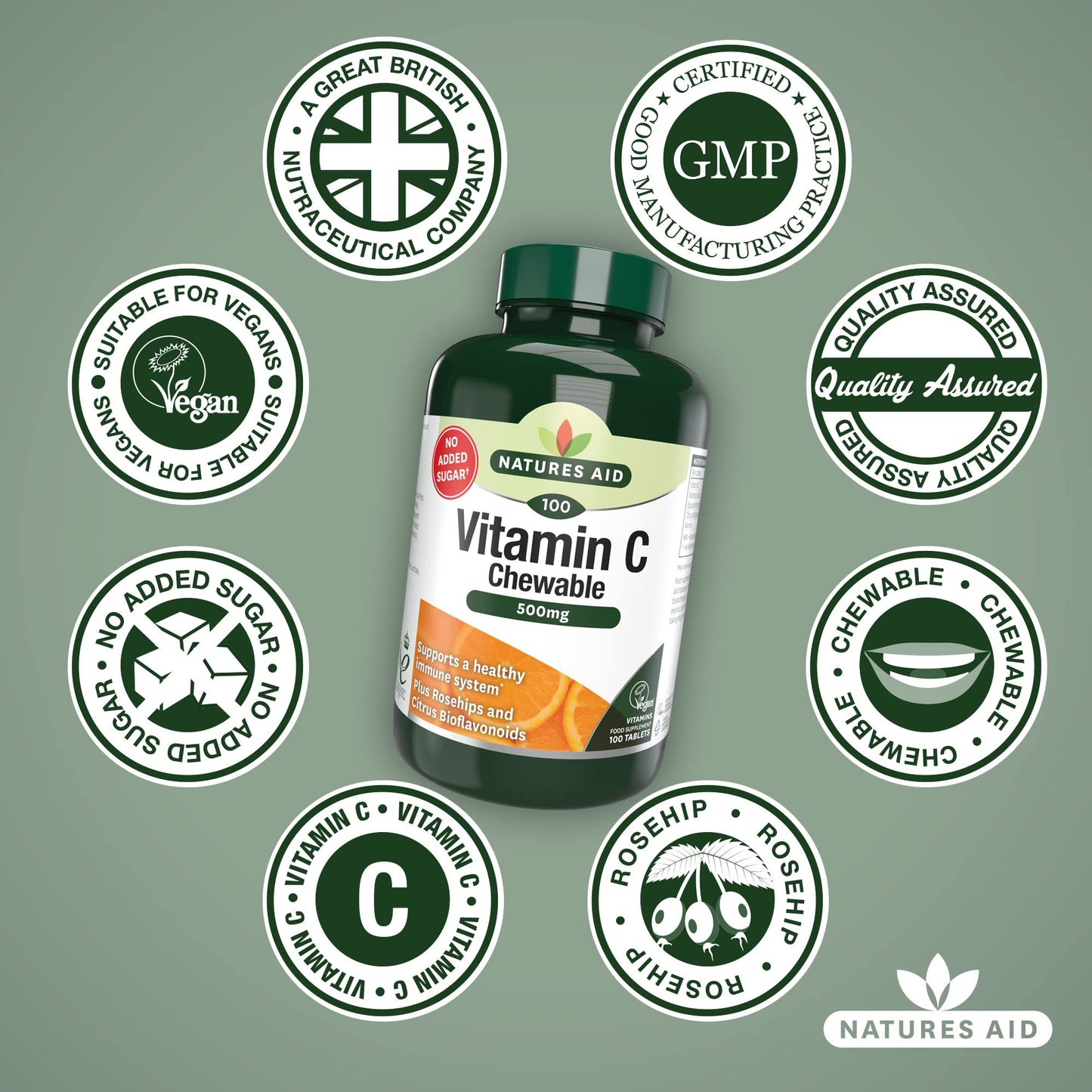 natures aid Natures Aid Chewable Vitamin C 500 mg, Sugar Free, Suitable for Vegans, 100 Tablets