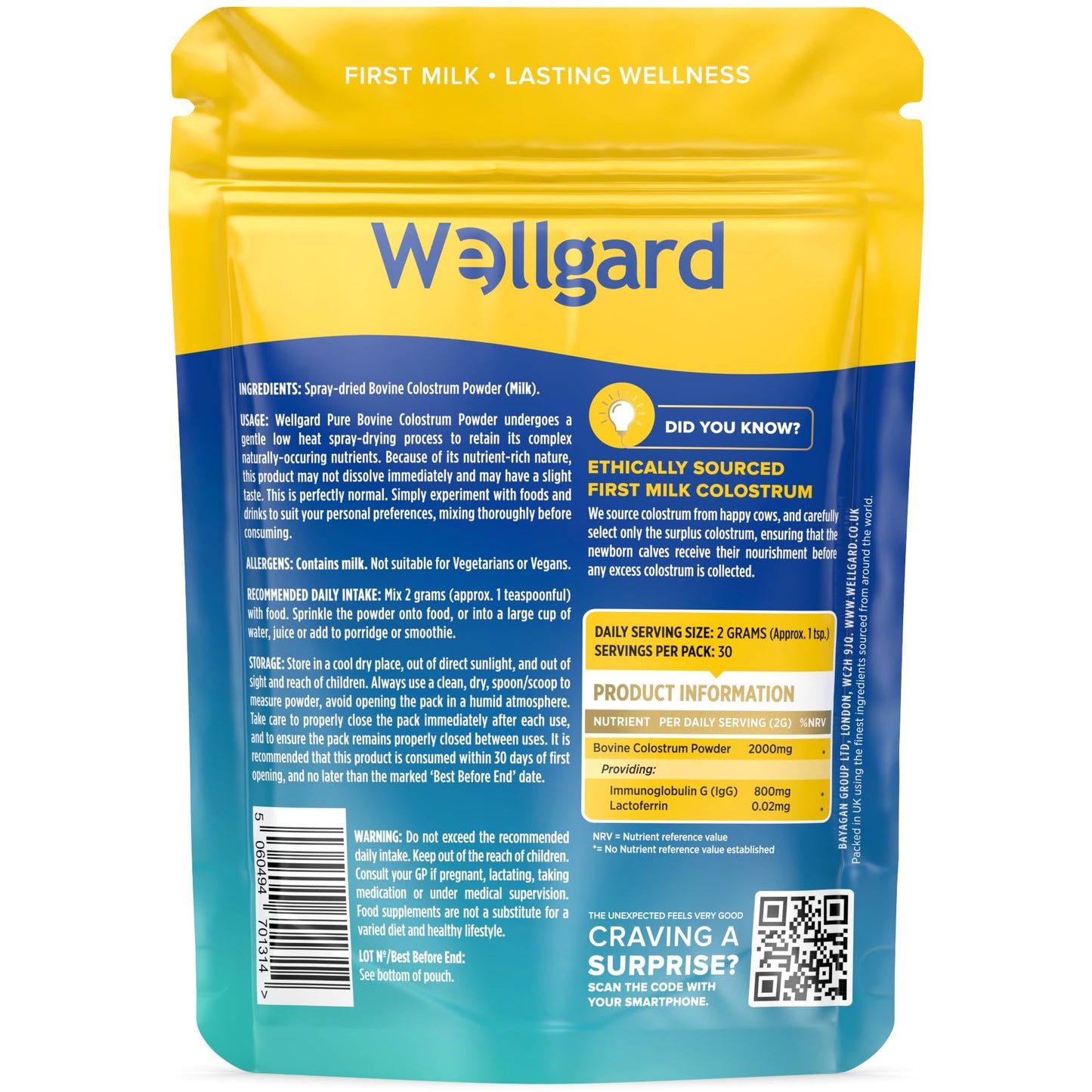 Wellgard Pure Colostrum Powder, High Levels of Immunoglobulin G (IgG), Unflavoured, GMO-Free, Hormone-Free, 60g