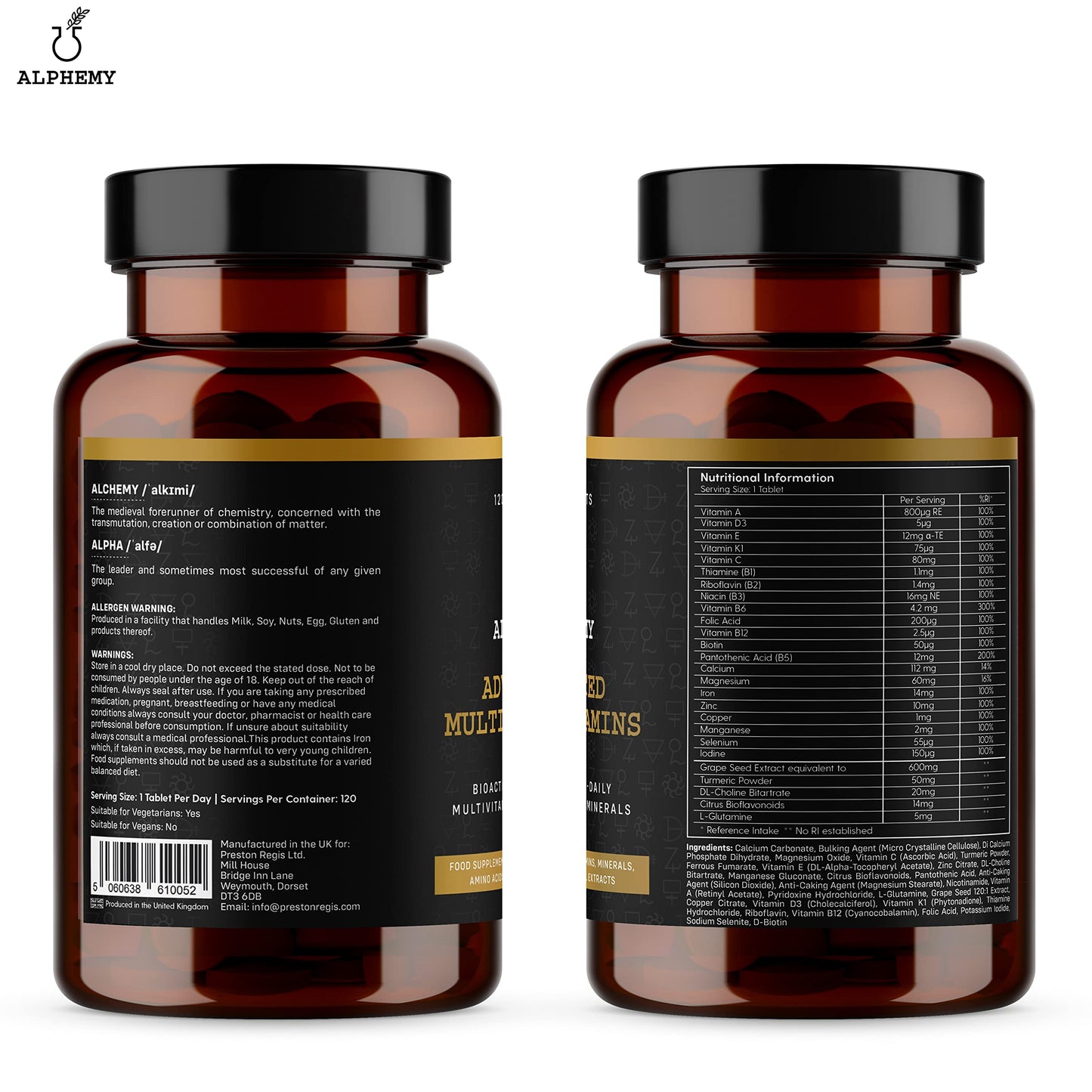 Alphemy Advanced Multivitamin and Minerals - 120 Tablets, (4 Month Supply) 26 A-Z High Strength Bioactive Vitamins and Minerals. Daily Tablets for Men & Women – UK Manufactured