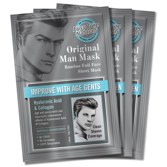 Fuss Free Naturals Sheet Face Mask For Men, Mens Skincare Bamboo Sheet Mask, Anti-Ageing With Hyaluronic Acid + Collagen, For Clean Shaven Men - Pack of 3 Sachets