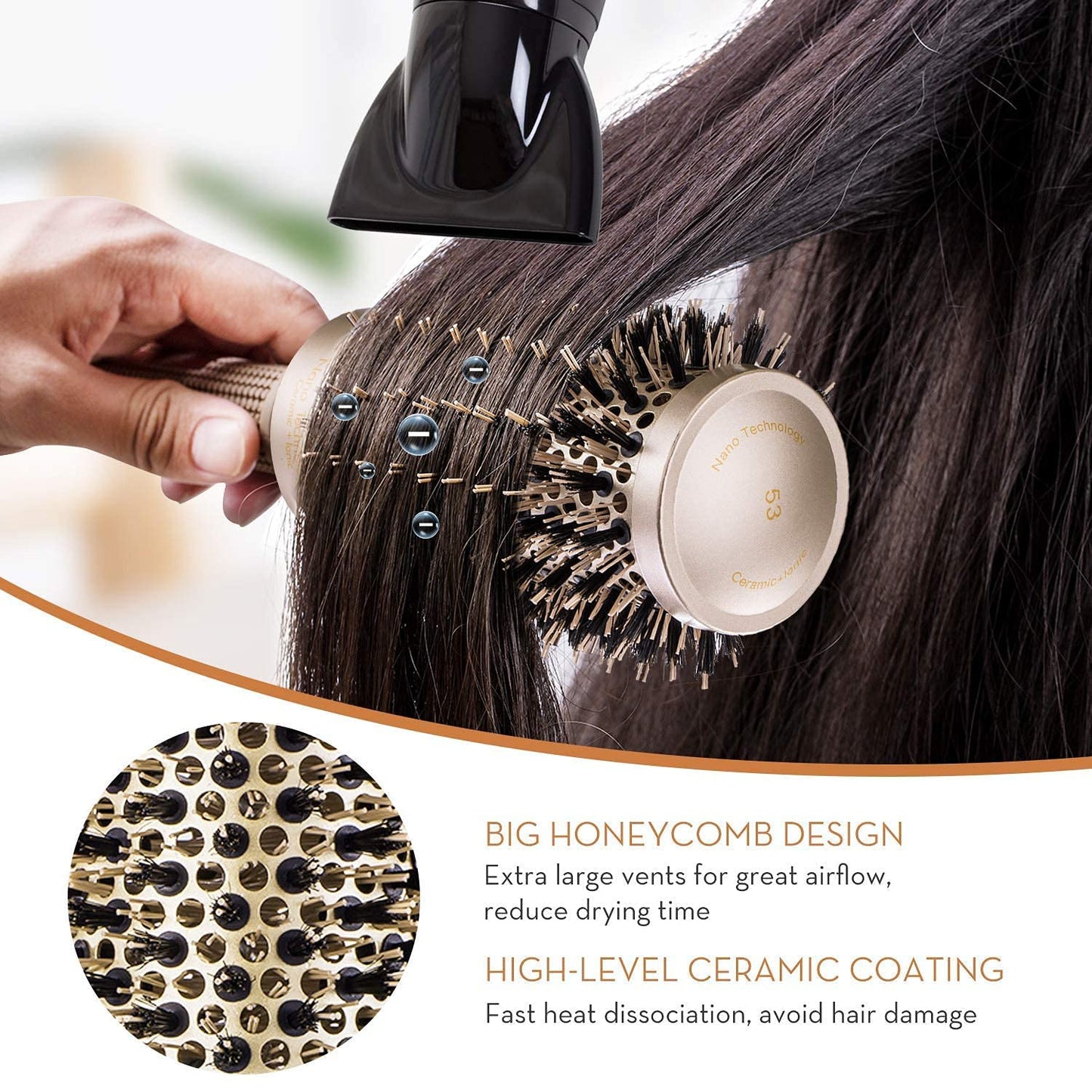 AIMIKE Round Brush, Nano Thermal Ceramic & Ionic Tech Hair Brush, Round Barrel Brush with Boar Bristles, Enhance Texture for Hair Drying, Styling, Curling and Shine (Barrel 2.1 inch) + 4 Free Clips by Aimike