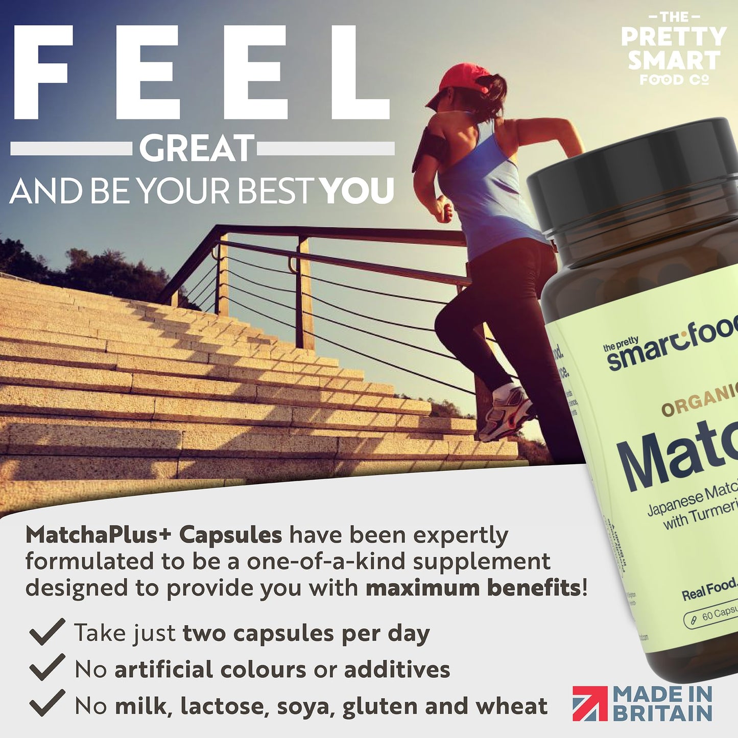 The Pretty Smart Food Co Green Tea Extract Capsules - Organic Matcha Green Tea Tablets - Boosted with Turmeric, Acerola Cherry & Black Pepper - 1360MG Complex - Green Tea Supplement - 60 Capsules - UK Made