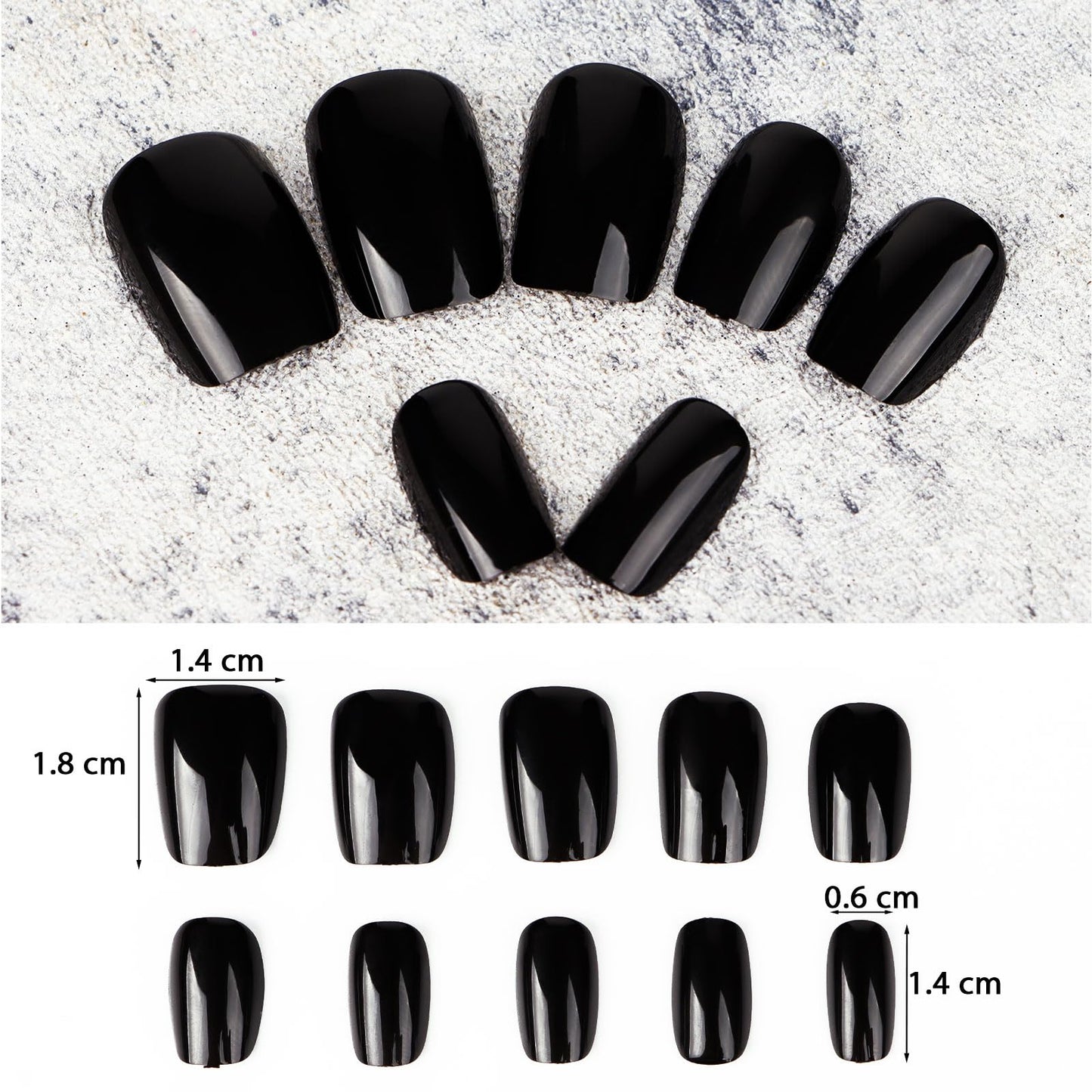 BETESSIN 32 Pcs Black Nails Tips Short Fake Nails with Glue Square Press on Nails Removable Glue-on False Nails for Halloween Women Girls Nail Art Accessories