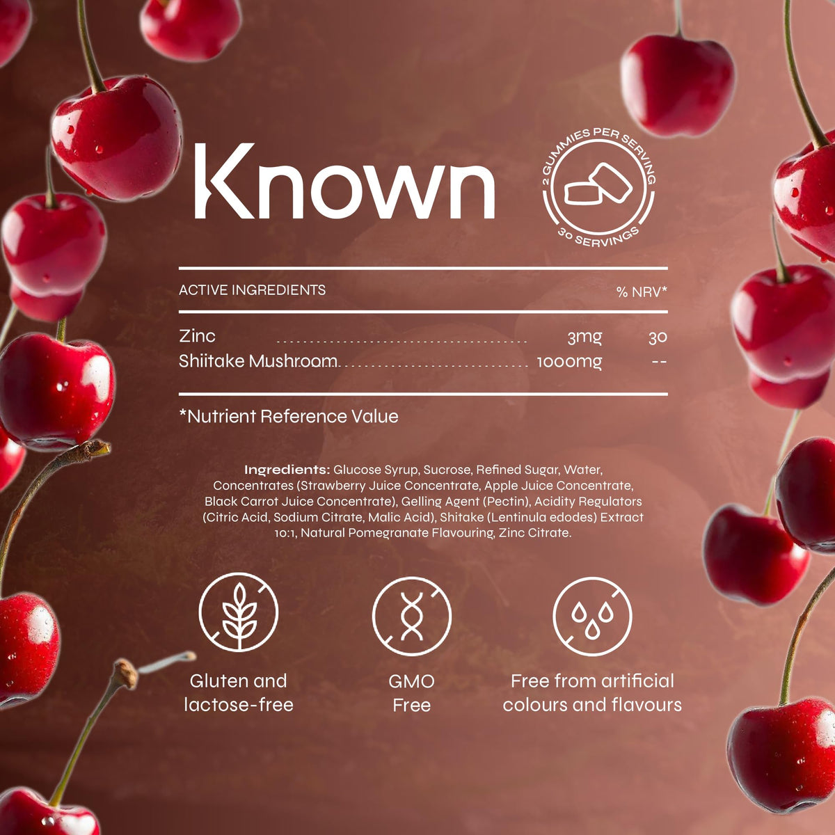 Known Tasty Shiitake Gummies - 1000mg Shiitake Mushroom, Zinc - Hair, Skin & Nails - Natural Cherry Flavour - 60 Vegan Gummies, 1 Month Supply