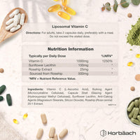 Horbäach Liposomal Vitamin C 1000mg with Rosehip | 180 Capsules | High Strength Vitamin C as Ascorbic Acid with Added Rosehip and Sunflower Lecithin | Vegan Supplement | By Horbaach
