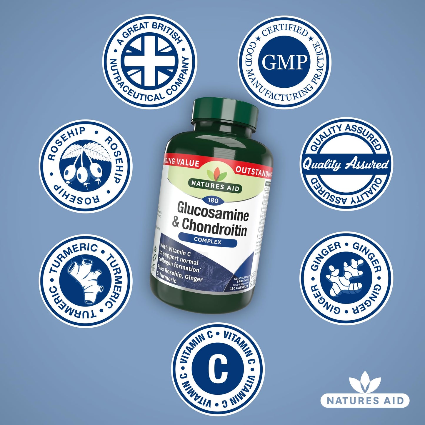 Natures Aid Glucosamine and Chondroitin Complex, with Vitamin C, Rosehip, Ginger and Turmeric, 180 Capsules